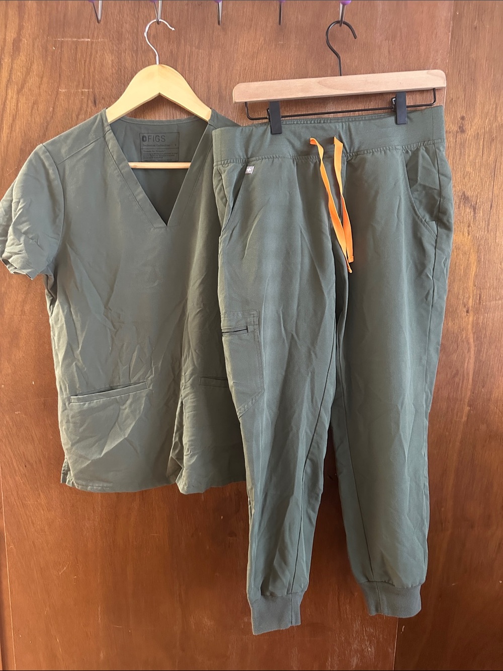 Figs Olive Green Scrub Top and Jogger Pants with Orange Drawstring